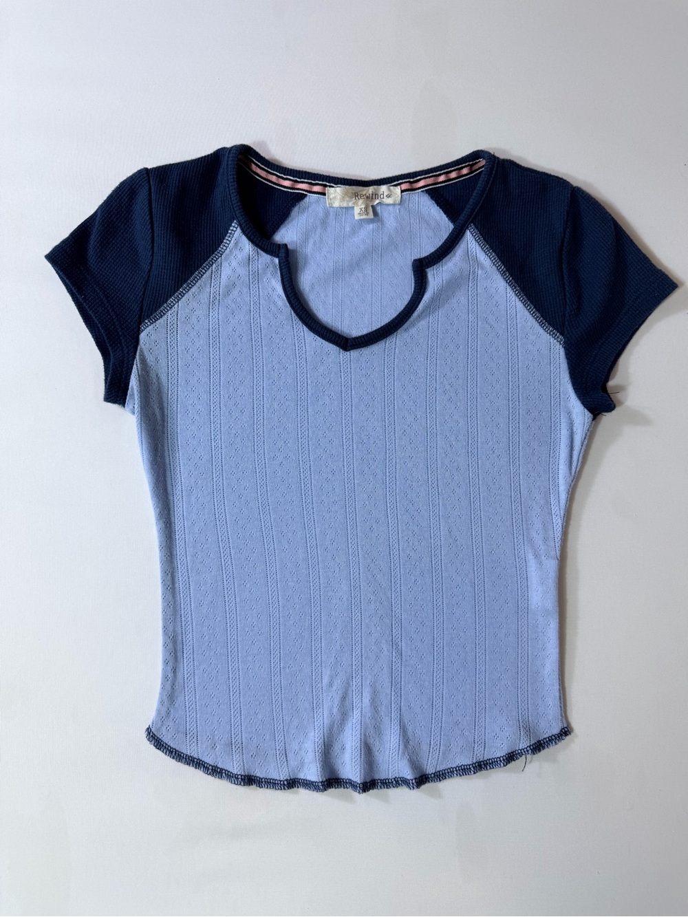 Rewind Two-Tone Navy and Light Blue Short Sleeve Top Womenβs Sz XS
